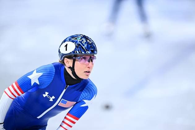 US Kristen Santos-Griswold pictured in action during the women s 500m heats of the Short Track Speed skating, Eisschnelllauf competition at the Milano Cortina 2026 Olympic Winter games, Winterspiele,Spiele, Summer games on Tuesday 10 February 2026 in Milan, Italy. The XXV Winter Olympics take place from 6 to 22 February 2026 in Italy. JASPERxJACOBS  x162343934x