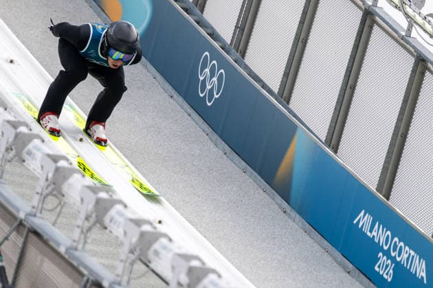 OLYMPICS - Winter Olympic Games, Olympische Spiele, Olympia, OS Milano Cortina 2026 VAL DI FIEMME,ITALY,10.FEB.26 - OLYMPICS, NORDIC SKIING, NORDIC COMBINED, Ski jumping, Skispringen, Ski, nordisch - Winter Olympic Games Milano Cortina 2026, normal hill, training . Image shows Laurent Muhlethaler (FRA).  GEPAxpictures xOliverxLerch