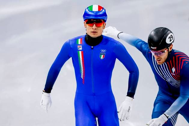 Pietro Sighel of Italy and Quentin Fercoq of France Men s 1000m, Milano Cortina 2026 Winter Olympics: Day 4, Short Track Speed skating, Eisschnelllauf - Milano Cortina 2026 Winter Olympics: Day 4, Milano Speed Skating Stadium, February 10, 2026, Milan, Italy.