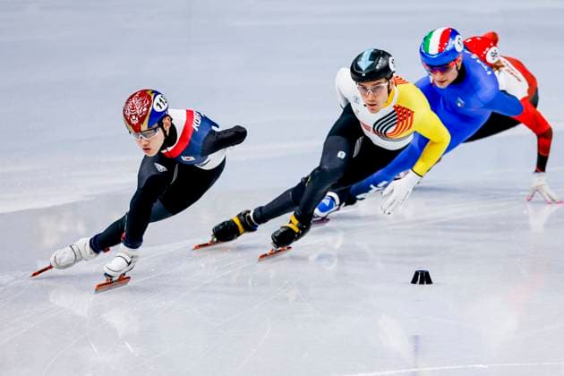Jongun Rim of Republic of Korea and Stijn Desmet of Belgium and Luca Spechenhauser of Italy Men s 1000m, Milano Cortina 2026 Winter Olympics: Day 4, Short Track Speed skating, Eisschnelllauf - Milano Cortina 2026 Winter Olympics: Day 4, Milano Speed Skating Stadium, February 10, 2026, Milan, Italy.