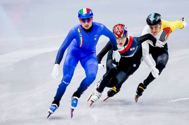 Luca Spechenhauser of Italy and Jongun Rim of Republic of Korea and Stijn Desmet of Belgium Men s 1000m, Milano Cortina 2026 Winter Olympics: Day 4, Short Track Speed skating, Eisschnelllauf - Milano Cortina 2026 Winter Olympics: Day 4, Milano Speed Skating Stadium, February 10, 2026, Milan, Italy.