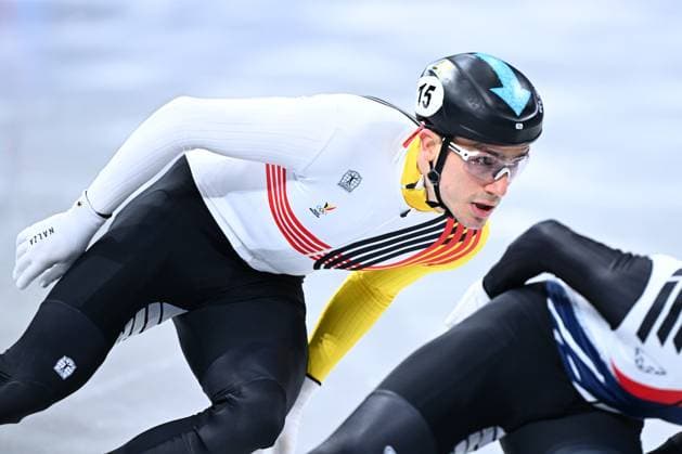 Belgian shorttrack skater Stijn Desmet pictured in action during the Men 1000m heats in the Short Track Speed skating, Eisschnelllauf competition at the Milano Cortina 2026 Olympic Winter games, Winterspiele,Spiele, Summer games on Tuesday 10 February 2026 in Milan, Italy. The XXV Winter Olympics take place from 6 to 22 February 2026 in Italy. JASPERxJACOBS  x162350785x