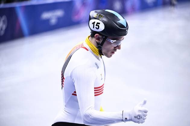 Belgian shorttrack skater Stijn Desmet pictured after the Men 1000m heats in the Short Track Speed skating, Eisschnelllauf competition at the Milano Cortina 2026 Olympic Winter games, Winterspiele,Spiele, Summer games on Tuesday 10 February 2026 in Milan, Italy. The XXV Winter Olympics take place from 6 to 22 February 2026 in Italy. JASPERxJACOBS  x162352729x