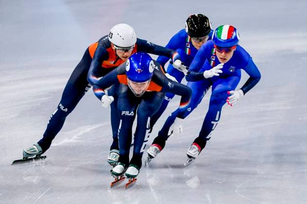 Selma Poutsma of the Netherlands and Xandra Velzeboer of the Netherlands and Arianna Fontana of Italy and Elisa Confortola of Italy Mixed Team Relay Quarterfinals, Milano Cortina 2026 Winter Olympics: Day 4, Short Track Speed skating, Eisschnelllauf - Milano Cortina 2026 Winter Olympics: Day 4, Milano Speed Skating Stadium, February 10, 2026, Milan, Italy.