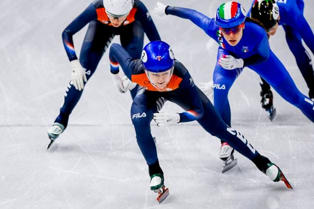 Selma Poutsma of the Netherlands and Xandra Velzeboer of the Netherlands and Arianna Fontana of Italy and Elisa Confortola of Italy Mixed Team Relay Quarterfinals, Milano Cortina 2026 Winter Olympics: Day 4, Short Track Speed skating, Eisschnelllauf - Milano Cortina 2026 Winter Olympics: Day 4, Milano Speed Skating Stadium, February 10, 2026, Milan, Italy.