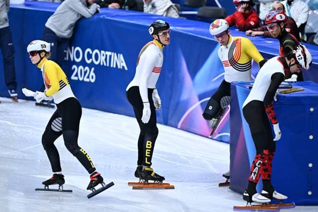 Belgian shorttrack skater Tineke den Dulk, Belgian shorttrack skater Stijn Desmet and Belgian shorttrack skater Ward Petre pictured during the quarterfinals of the Mixed Team Relay of the Short Track Speed skating, Eisschnelllauf competition at the Milano Cortina 2026 Olympic Winter games, Winterspiele,Spiele, Summer games on Tuesday 10 February 2026 in Milan, Italy. The XXV Winter Olympics take place from 6 to 22 February 2026 in Italy. JASPERxJACOBS  x162360527x