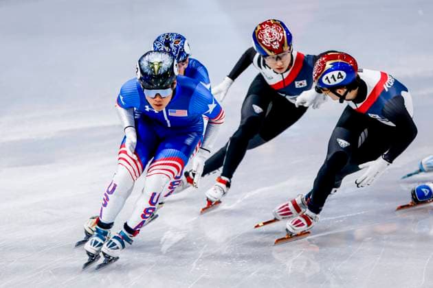 Corinne Stoddard of United States of America and Andrew Heo of United States of America and Gilli Kim of Republic of Korea and Jongun Rim of Republic of Korea Mixed Team Relay Quarterfinals, Milano Cortina 2026 Winter Olympics: Day 4, Short Track Speed skating, Eisschnelllauf - Milano Cortina 2026 Winter Olympics: Day 4, Milano Speed Skating Stadium, February 10, 2026, Milan, Italy.
