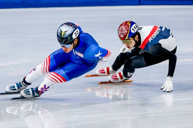 Andrew Heo of United States of America and Dong Min Shin of Republic of Korea Mixed Team Relay Quarterfinals, Milano Cortina 2026 Winter Olympics: Day 4, Short Track Speed skating, Eisschnelllauf - Milano Cortina 2026 Winter Olympics: Day 4, Milano Speed Skating Stadium, February 10, 2026, Milan, Italy.