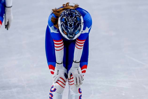 Corinne Stoddard of United States of America llooks on after Mixed Team Relay Quarterfinals, Milano Cortina 2026 Winter Olympics: Day 4, Short Track Speed skating, Eisschnelllauf - Milano Cortina 2026 Winter Olympics: Day 4, Milano Speed Skating Stadium, February 10, 2026, Milan, Italy.