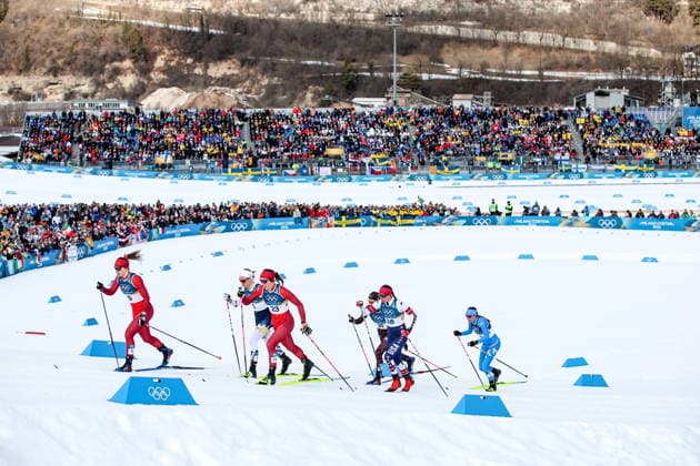 ITALY - FEBRUARY 10, 2026: Nadin Faehndrich of Switzerland, Linn Svahn of Sweden, Anja Weber of Switzerland, Sofie Krehl of Germany, Julia Kern of the USA and Caterina Ganz of Italy (L-R) competes in the women s cross-country skiing sprint classic quaterfinal at Tesero Cross-Country Stadium during the 2026 Winter Olympic Games, Olympische Spiele, Olympia, OS Peter Kovalev TASS  88475043