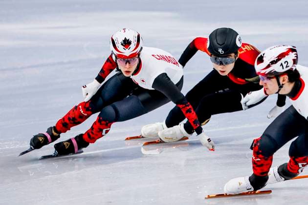 Florence Brunelle of Canada and Felix Roussel of Canada and Li Gong of China Mixed Team Relay Quarterfinals, Milano Cortina 2026 Winter Olympics: Day 4, Short Track Speed skating, Eisschnelllauf - Milano Cortina 2026 Winter Olympics: Day 4, Milano Speed Skating Stadium, February 10, 2026, Milan, Italy.
