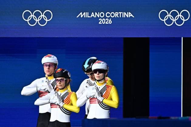 Belgian shorttrack skater Ward Petre, Belgian shorttrack skater Hanne Desmet, Belgian shorttrack skater Stijn Desmet and Belgian shorttrack skater Tineke den Dulk pictured ahead of the Final of the Mixed Team Relay of the Short Track Speed skating, Eisschnelllauf competition at the Milano Cortina 2026 Olympic Winter games, Winterspiele,Spiele, Summer games on Tuesday 10 February 2026 in Milan, Italy. The XXV Winter Olympics take place from 6 to 22 February 2026 in Italy. JASPERxJACOBS  x162371512x