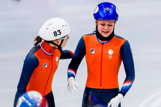Selma Poutsma of the Netherlands comforts Xandra Velzeboer of the Netherlands and looks dejected after Mixed Team Relay Finals, Milano Cortina 2026 Winter Olympics: Day 4, Short Track Speed skating, Eisschnelllauf - Milano Cortina 2026 Winter Olympics: Day 4, Milano Speed Skating Stadium, February 10, 2026, Milan, Italy.