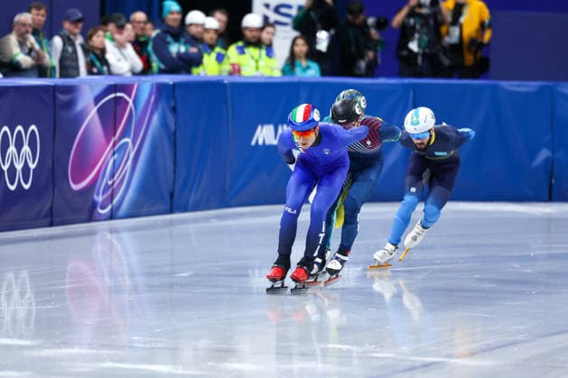 GIOCHI OLIMPICI - Olimpiadi Invernali Milano-Cortina 2026 - Short Track Speed skating, Eisschnelllauf Mixed Team Relay Finals Pietro Sighel (ITA) during the Olympic Winter Milano-Cortina 2026 Shirt Track Speed Skating Men s 1000m Heats on February 10, 2026 at Milano Ice Skating Arena in Milan, Italy Cortina D Ampezzo Italy  Copyright: xIPAxSport ABACAx