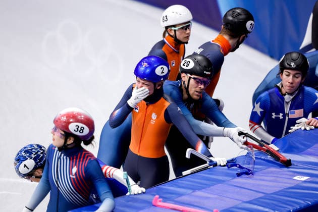 2026-02-10 Short Track Speed skating, Eisschnelllauf - Milano Cortina 2026 Winter Olympics - Day 4 MILAN, ITALY - FEBRUARY 10: Xandra Velzeboer of the Netherlands reacts after competing in the Mixed Team Relay during Day 4 of Short Track Speed Skating - Milano Cortina 2026 Winter Olympics at Milano Ice Skating Arena on February 10, 2026 in Milan, Italy. (Photo by Joris Verwijst BSR Agency) Milan Italy Content not available for redistribution in The Netherlands directly or indirectly through any third parties. Copyright: xBSRxAgencyx