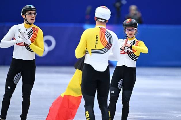 Belgian shorttrack skater Stijn Desmet, Belgian shorttrack skater Ward Petre and Belgian shorttrack skater Hanne Desmet celebrate a bronze medal in the Final of the Mixed Team Relay of the Short Track Speed skating, Eisschnelllauf competition at the Milano Cortina 2026 Olympic Winter games, Winterspiele,Spiele, Summer games on Tuesday 10 February 2026 in Milan, Italy. The XXV Winter Olympics take place from 6 to 22 February 2026 in Italy. JASPERxJACOBS  x162373302x