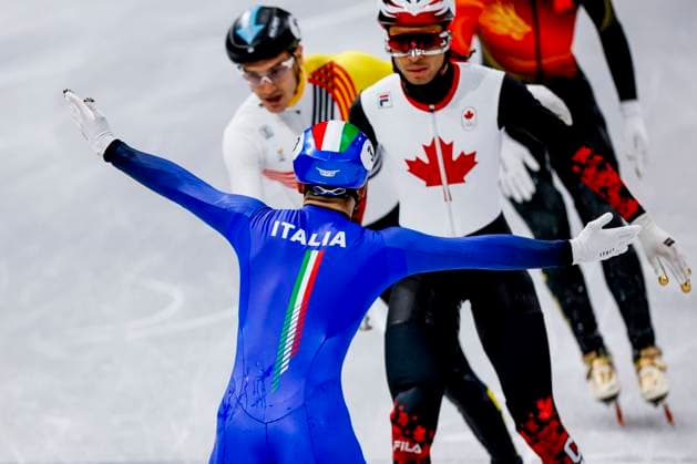 winner team of Italy and Pietro Sighel of Italy celebrates after Mixed Team Relay Finals, Milano Cortina 2026 Winter Olympics: Day 4, Short Track Speed skating, Eisschnelllauf - Milano Cortina 2026 Winter Olympics: Day 4, Milano Speed Skating Stadium, February 10, 2026, Milan, Italy.