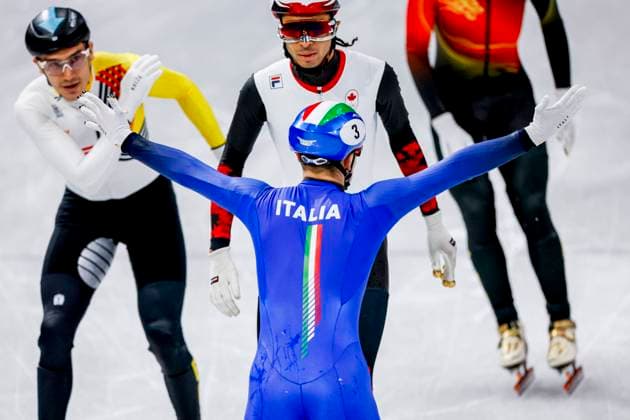 winner team of Italy and Pietro Sighel of Italy celebrates after Mixed Team Relay Finals, Milano Cortina 2026 Winter Olympics: Day 4, Short Track Speed skating, Eisschnelllauf - Milano Cortina 2026 Winter Olympics: Day 4, Milano Speed Skating Stadium, February 10, 2026, Milan, Italy.