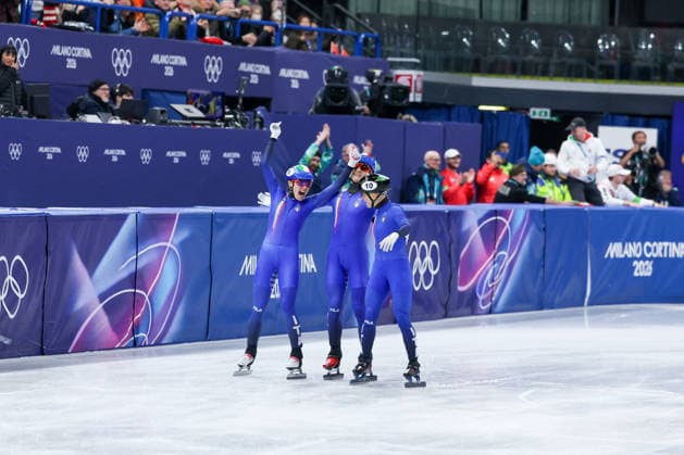 GIOCHI OLIMPICI - Olimpiadi Invernali Milano-Cortina 2026 - Short Track Speed skating, Eisschnelllauf Mixed Team Relay Finals Team Italia during the Olympic Winter Milano-Cortina 2026 Shirt Track Speed Skating Team Relay on February 10, 2026 at Milano Ice Skating Arena in Milan, Italy Cortina D Ampezzo Italy  Copyright: xIPAxSport ABACAx