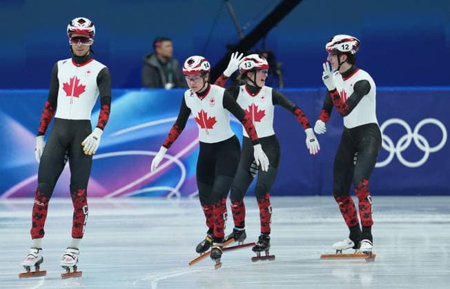 February 10, 2026, Milan, ITALY: Team Canada celebrates after winning a silver in the team mixed relay short track Speed skating, Eisschnelllauf at the 2026 Winter Olympics, in Milan, Italy, Tuesday, Feb. 10, 2026. Canada News - February 10, 2026  - ZUMAc35_ 20260210_zaf_c35_049 Copyright: xDarrylxDyckx