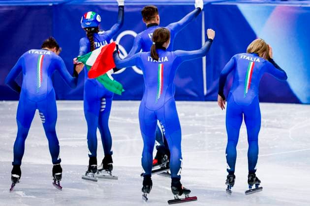 winners team of Italy celebrates after Mixed Team Relay Finals, Milano Cortina 2026 Winter Olympics: Day 4, Short Track Speed skating, Eisschnelllauf - Milano Cortina 2026 Winter Olympics: Day 4, Milano Speed Skating Stadium, February 10, 2026, Milan, Italy.