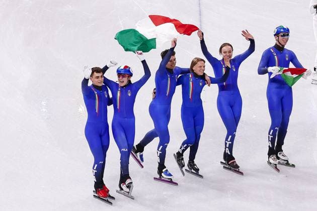 MILAN , 10-02-2026 , Milano Ice Skating Arena , season 2025 2026 , Olympic Winter games, Winterspiele,Spiele, Summer games 2026 - Short Track 10-02, Picture shows mixed relay Team Italy Chiara Betti, Elisa Confortola, Ariana Fontana, Thomas Nadalini, Pietro Sighel, Luca Spechenhauser Olympic Winter Games 2026 - Short Track 10-02  x201460896x Copyright: