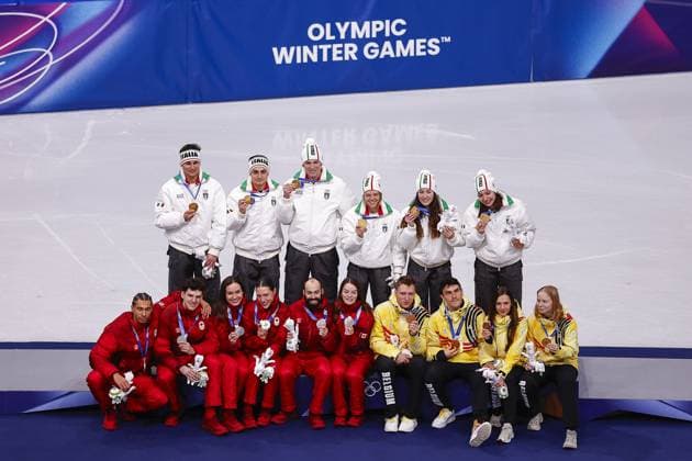 MILAN , 10-02-2026 , Milano Ice Skating Arena , season 2025 2026 , Olympic Winter games, Winterspiele,Spiele, Summer games 2026 - Short Track 10-02, Picture shows Mixed relay silver Canada, gold Italy, bronze Belgium Olympic Winter Games 2026 - Short Track 10-02  x201460898x Copyright: