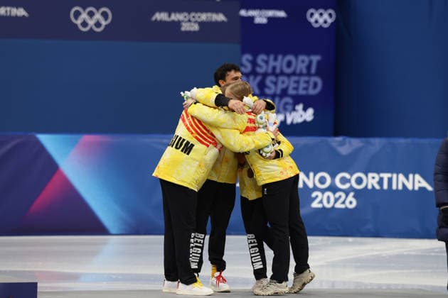 February 10, 2026, Milan, Lombardy, Italy: WARD PETR, STIJN DESMET, HANNE DESMET and TINEKE DEN DULK of Team Belgium celebrate winning the bronze medal in the Mixed Team Relay final of the Short Track Speed skating, Eisschnelllauf at the Milano Cortina 2026 Winter Olympic Games, Olympische Spiele, Olympia, OS Milan Italy - ZUMAc179 20260210_oly_c179_046 Copyright: xMickaelxChavetx