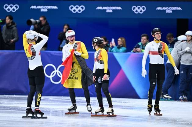 Belgian shorttrack skater Tineke den Dulk, Belgian shorttrack skater Ward Petre, Belgian shorttrack skater Hanne Desmet and Belgian shorttrack skater Stijn Desmet celebrate their bronze medal in the Final of the Mixed Team Relay of the Short Track Speed skating, Eisschnelllauf competition at the Milano Cortina 2026 Olympic Winter games, Winterspiele,Spiele, Summer games on Tuesday 10 February 2026 in Milan, Italy. The XXV Winter Olympics take place from 6 to 22 February 2026 in Italy. JASPERxJACOBS  x162384121x