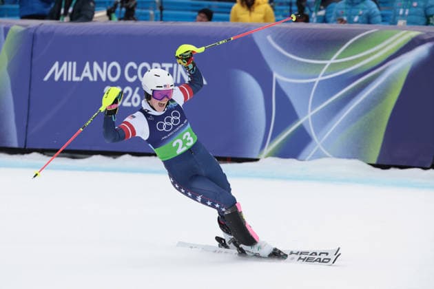 A J Hurt (USA) during the Olympic Winter games, Winterspiele,Spiele, Summer games Milano-Cortina 2026, Alpine Skiing Women s Team Combined Slalom on February 10, 2026 at Tofane Alpine Skiing Centre in Cortina D Ampezzo, Italy  Copyright: xLucianoxMariaxBisi IPAxSportx xipa-agency.netx xx IPA_71221941 IPA_Agency_IPA71221941