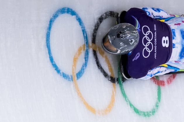 CORTINA, ITALY - FEBRUARY 10: Vladyslav Heraskevych (Ukraine) wearing a helmet honoring fallen athletes during the Skeleton Men Official Training at the Milano Cortina 2026 Olympics at Cortina Sliding Centre on day 4 of the Milano Cortina 2026 Olympics on February 10, 2026 in Cortina, Italy. Editorial use only. Venezia Italy Copyright: xSteffiexWunderlx