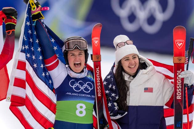 February 10, 2026, Cortina D ampezzo, Belluno, Italy: American PAULA MOLTZAN and teammate JACQUELINE WILES celebrate their bronze medal after their combined times won bronze during the Alpine Skiing womenÃ¢â‚¬â ¢s team Combined Milano Cortina 2026 Winter Olympics. Cortina D ampezzo Italy - ZUMAa35_ 20260210_oly_a35_012 Copyright: xDanielxA.xAndersonx