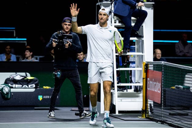 ROTTERDAM, NETHERLANDS - FEBRUARY 10:Jan-Lennard Struff of Germany celebrates victory in his Men s Singles First Round match against Hugo Grenier of France during Day Two of the ABN AMRO Open at the Rotterdam Ahoy on February 10, 2026 in Rotterdam, Netherlands. (Photo by Rene Nijhuis) SPO  Copyright: xRenexNijhuis