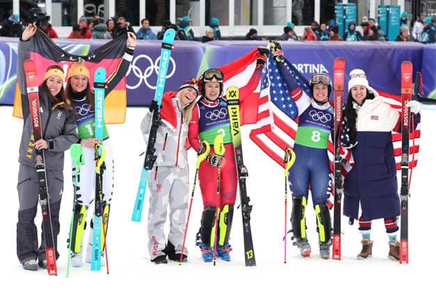 Milan Cortina 2026 Olympics Alpine Skiing Women s Team Combined, from left, team Germany Kira Weidle Winkelmann and Emma Aicher, team Austria Katharina Huber and Ariane Raedler, team United States Jacqueline Wiles and Paula Moltzan, Cortina d Ampezzo, Italy, February 10, 2026. Photo Felice Calabro Calabro  Copyright: xFelicexCalabro x xipa-agency.netx xFELICExCALABRO x IPA_Agency_IPA71226091