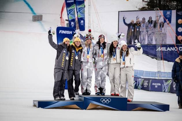 Gold medallists Ariane Raedler of Austria and Katharina Huber of Austria celebrate on the podium after winning the Women s Team Combined with silver medallists Kira Weidle-Winkelmann of Germany and Emma Aicher of Germany and bronze medallists Jacqueline Wiles of United States and Paula Moltzan of United States , Women’s Alpine Team Combination, Slalom, Milano Cortina 2026 Olympic Games, Olympische Spiele, Olympia, OS 10-02-2026 *** Gold medallists Ariane Raedler of Austria and Katharina Huber of Austria celebrate on the podium after winning the Women s Team Combined with silver medallists Kira Weidle Winkelmann of Germany and Emma Aicher of Germany and bronze medallists Jacqueline Wiles of United States and Paula Moltzan of United States , Womens Alpine Team Combination, Slalom, Milano Cortina 2026 Olympic Games 10 02 2026 Copyright: HMBxMedia MarcxNiemeyer