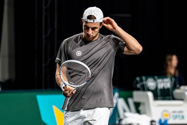 2026-02-10 ABN AMRO Open - Day Two ROTTERDAM, NETHERLANDS - FEBRUARY 10: Tallon Griekspoor looks at his racket during Day Two of the ABN AMRO Open at Rotterdam Ahoy on February 10, 2026 in Rotterdam, Netherlands. (Photo by Gabriel Calvino Alonso BSR Agency) Rotterdam Netherlands Content not available for redistribution in The Netherlands directly or indirectly through any third parties. Copyright: xBSRxAgencyx