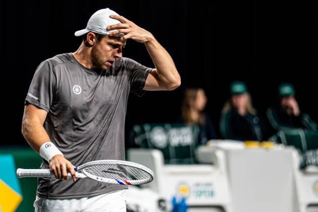 2026-02-10 ABN AMRO Open - Day Two ROTTERDAM, NETHERLANDS - FEBRUARY 10: Tallon Griekspoor looks at his racket during Day Two of the ABN AMRO Open at Rotterdam Ahoy on February 10, 2026 in Rotterdam, Netherlands. (Photo by Gabriel Calvino Alonso BSR Agency) Rotterdam Netherlands Content not available for redistribution in The Netherlands directly or indirectly through any third parties. Copyright: xBSRxAgencyx