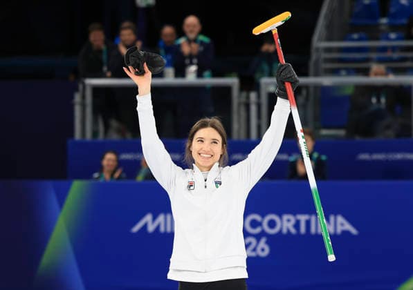 (260210) -- CORTINA D AMPEZZO, Feb. 10, 2026 -- Stefania Constantini of Italy celebrates during the curling mixed doubles bronze medal match between Britain and Italy at the Milan-Cortina 2026 Olympic Winter games, Winterspiele,Spiele, Summer games in Cortina, Italy, Feb. 10, 2026. ) (MICO2026)ITALY-CORTINA D AMPEZZO-OLYMPIC WINTER GAMES-CURLING-MIXED DOUBLES-BRONZE MEDAL MATCH-GBR VS ITA DingxXu 