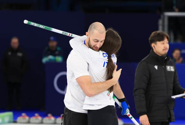 (260210) -- CORTINA D AMPEZZO, Feb. 10, 2026 -- Stefania Constantini (R) Amos Mosaner of Italy celebrate during the curling mixed doubles bronze medal match between Britain and Italy at the Milan-Cortina 2026 Olympic Winter games, Winterspiele,Spiele, Summer games in Cortina, Italy, Feb. 10, 2026. ) (MICO2026)ITALY-CORTINA D AMPEZZO-OLYMPIC WINTER GAMES-CURLING-MIXED DOUBLES-BRONZE MEDAL MATCH-GBR VS ITA DingxXu 
