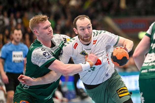 Goeppingen, Germany, 10 02 26 Ymir Oern Gislason FRISCH AUF Goeppingen and Alexander Weck GWD Minden in a duel during the Daikin Handball Bundesliga match between FRISCH AUF Goeppingen vs GWD Minden at EWS Arena on February 10, 2026 in Goeppingen, Germany Photo by Harry Langer DeFodi Images Goeppingen, Germany, 10 02 26 Ymir Oern Gislason FRISCH AUF Goeppingen and Alexander Weck GWD Minden battle for the ball during the Daikin Handball Bundesliga match between FRISCH AUF Goeppingen vs GWD Minden at EWS Arena on February 10, 2026 in Goeppingen, Germany Photo by Harry Langer DeFodi Images Photo by Harry Langer DeFodi Images