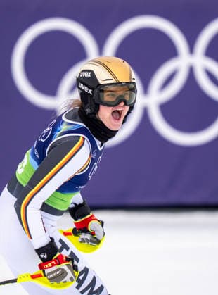 February 10, 2026, Cortina D ampezzo, Belluno, Italy: German EMMA AICHER jubilates as she looks to her teammate whose combined times was good for a Silver Medal in the Alpine Skiing womenÃ¢â‚¬â ¢s team Combined Milano Cortina 2026 Winter Olympics. Olympics 2026: Milano Cortina: Alpine Skiing: Women S TEAM Combined  - ZUMAa35_ 20260210_oly_a35_013 Copyright: xDanielxA.xAndersonx