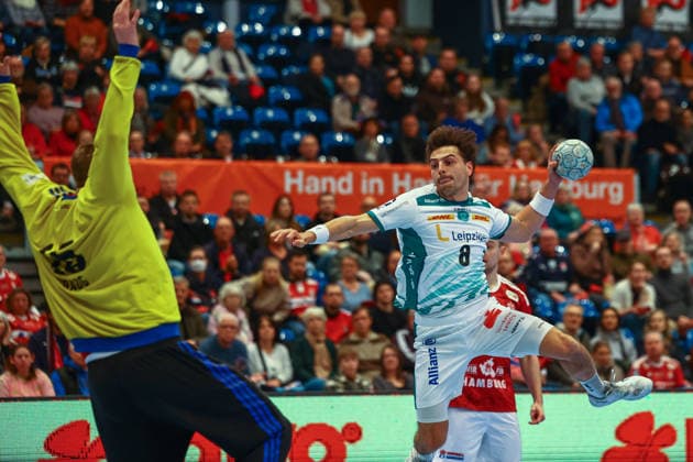 Handball I Men I Season 2025 2026 I Bundesliga I 20 Matchday I HSV Hamburg SC DHFK Leipzig I 10 02 2026 Mohamed Essam Moustafa El Tayar 12, HSV Hamburg Lucas Krzikalla 8, SC DHfK Leipzig Copyright: xLobeca RalfxHomburgx