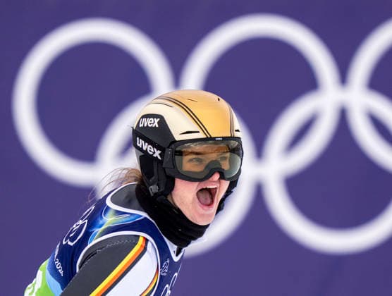 February 10, 2026, Cortina D ampezzo, Belluno, Italy: German EMMA AICHER jubilates as she looks to her teammate whose combined times was good for a Silver Medal in the Alpine Skiing womenÃ¢â‚¬â ¢s team Combined Milano Cortina 2026 Winter Olympics. Olympics 2026: Milano Cortina: Alpine Skiing: Women S TEAM Combined  - ZUMAa35_ 20260210_oly_a35_014 Copyright: xDanielxA.xAndersonx