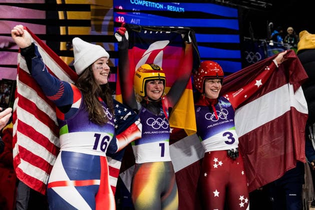 CORTINA, ITALY - FEBRUARY 10: Ashley Farquharson (USA) Bronze, Julia Taubitz (Germany) Gold and Elina Bota (Latvia) Silver - the winning podium after the Luge Women s Singles at the Milano Cortina 2026 Olympics at Cortina Sliding Centre on day 4 of the Milano Cortina 2026 Olympics on February 10, 2026 in Cortina, Italy. Editorial use only. Venezia Italy Copyright: xSteffiexWunderlx