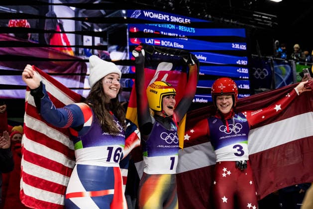 CORTINA, ITALY - FEBRUARY 10: Ashley Farquharson (USA) Bronze, Julia Taubitz (Germany) Gold and Elina Bota (Latvia) Silver - the winning podium after the Luge Women s Singles at the Milano Cortina 2026 Olympics at Cortina Sliding Centre on day 4 of the Milano Cortina 2026 Olympics on February 10, 2026 in Cortina, Italy. Editorial use only. Venezia Italy Copyright: xSteffiexWunderlx