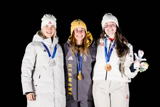 CORTINA, ITALY - FEBRUARY 10: The Podium Silver medalist Elina Bota (Latvia), Gold medalist Julia Taubitz (Germany) and Bronze medalist Ashley Farquharson (USA) during the medal ceremony of the Luge Women s Singles at the Milano Cortina 2026 Olympics at Cortina Sliding Centre on day 4 of the Milano Cortina 2026 Olympics on February 10, 2026 in Cortina, Italy. Editorial use only. Venezia Italy Copyright: xSteffiexWunderlx
