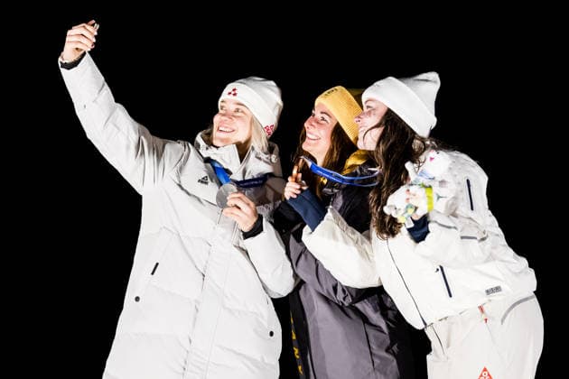 CORTINA, ITALY - FEBRUARY 10: The Podium Silver medalist Elina Bota (Latvia), Gold medalist Julia Taubitz (Germany) and Bronze medalist Ashley Farquharson (USA) taking a selfie during the medal ceremony of the Luge Women s Singles at the Milano Cortina 2026 Olympics at Cortina Sliding Centre on day 4 of the Milano Cortina 2026 Olympics on February 10, 2026 in Cortina, Italy. Editorial use only. Venezia Italy Copyright: xSteffiexWunderlx