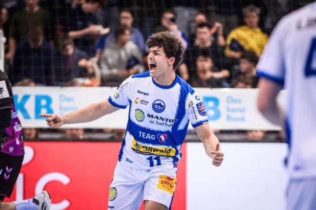 Gian Attenhofer ThSV Eisenach, 11 goal celebration, cheer, joy GER, TVB Stuttgart ThSV Eisenach, DAIKIN HBL, Handball, Bundesliga, Matchday 20, Season 2025 2026, 09 02 2026 GER, TVB Stuttgart ThSV Eisenach, DAIKIN HBL, Handball, Bundesliga, Matchday 20, Season 2025 2026, 09 02 2026 Stuttgart Copyright: xSandyxDinkelackerx EP_SDR