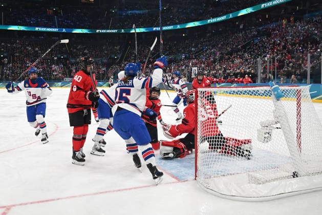 HARVEY C (USA) score at minute 03:45 during Ice hockey, Eishockey - CANADA vs USA, Olympic Winter games, Winterspiele,Spiele, Summer games Milano-Cortina 2026 in Milano, Italy, February 10 2026  Copyright: xFilippoxTomasi IPAxSportx xipa-agency.netx xx IPA_71238149 IPA_Agency_IPA71238149
