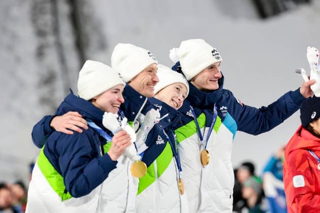 OLYMPICS - Winter Olympic Games, Olympische Spiele, Olympia, OS Milano Cortina 2026 PREDAZZO,ITALY,10.FEB.26 - OLYMPICS, Ski jumping, Skispringen, Ski, nordisch - Winter Olympic Games Milano Cortina 2026, normal hill, mixed team, medal ceremony. Image shows the rejoicing of Nika Vodan, Anze Lanisek, Nika Prevc and Domen Prevc (SLO). Keywords: medal.  GEPAxpictures xMatthiasxTrinkl